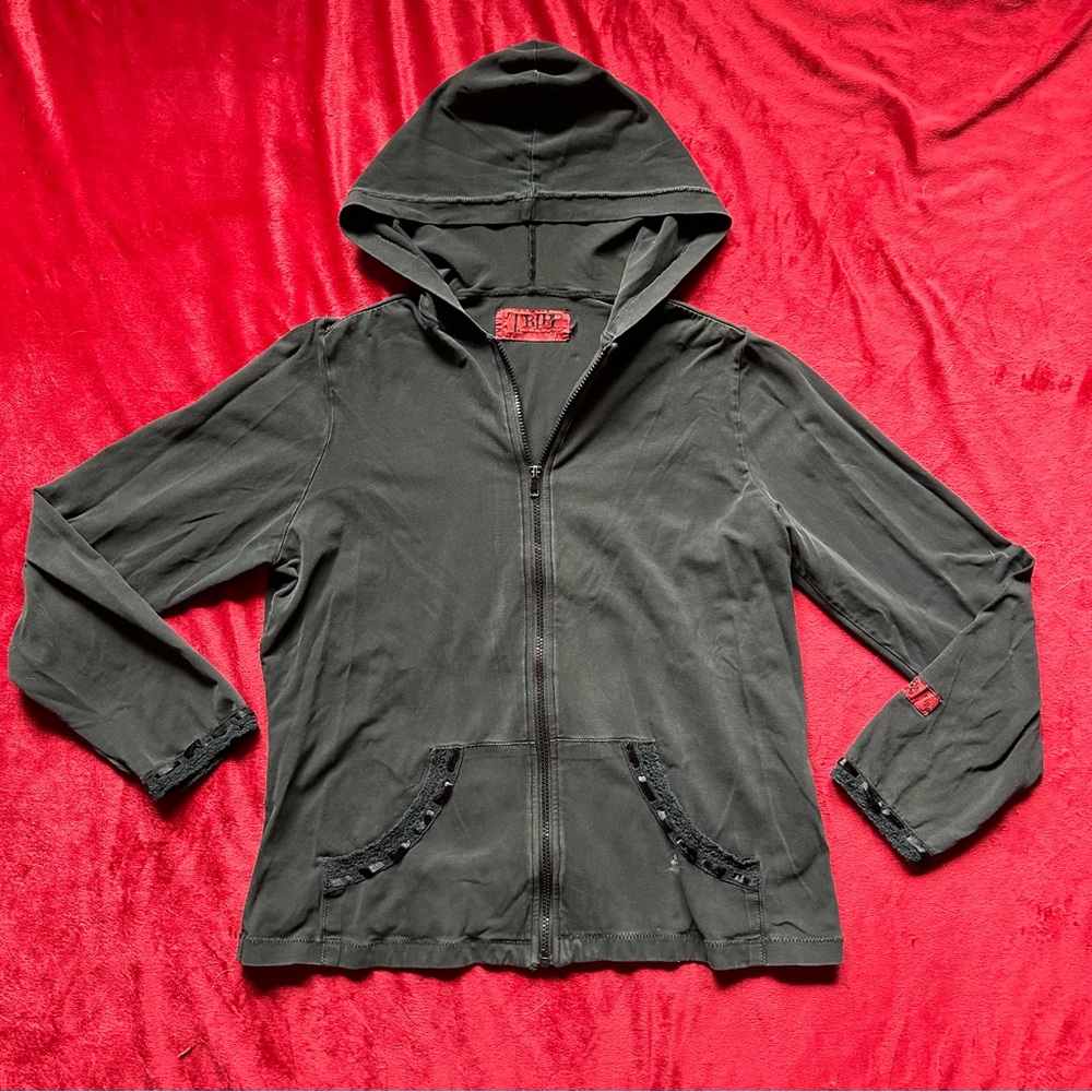 Tripp NYC Black Zip-Up Lace Ribbon Hoodie Goth Grunge Details